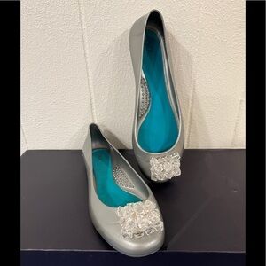 Oka washable gray silver ballet rain flats with gems stones